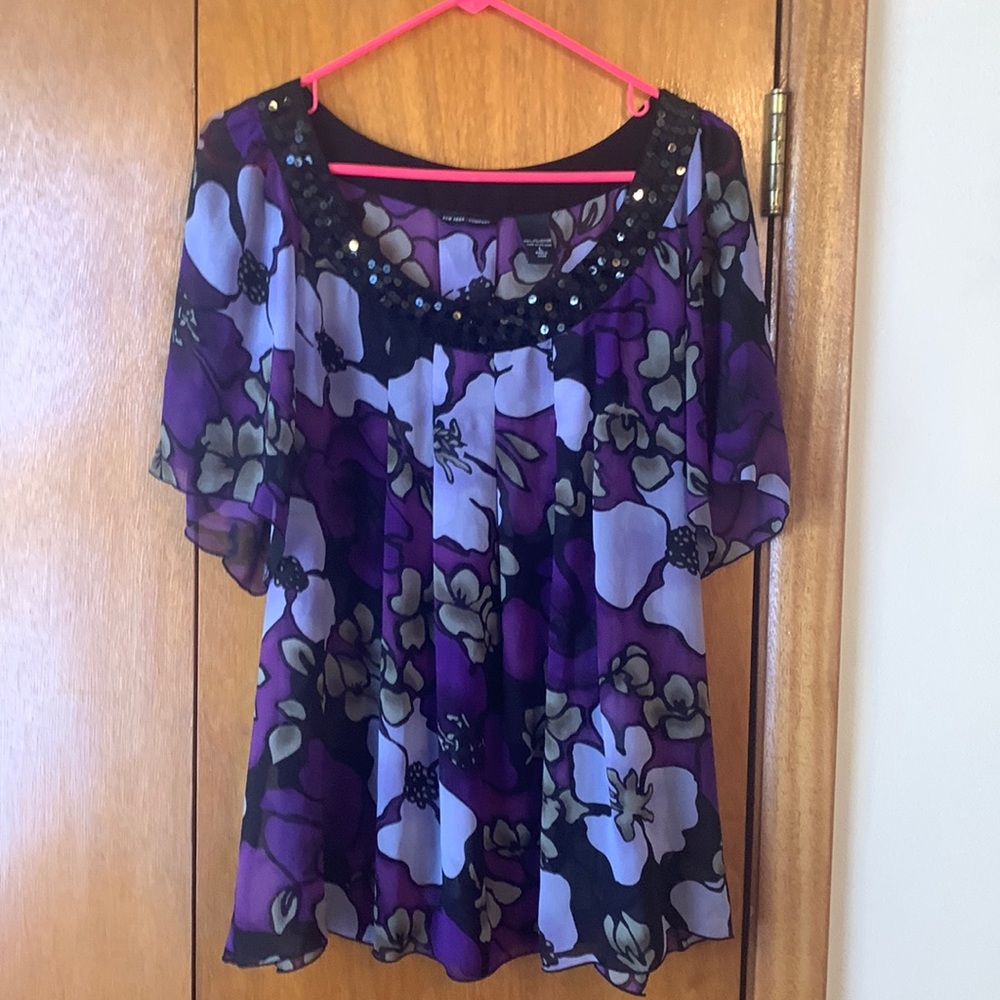 New York & Co sheer flutter sleeve embellished top